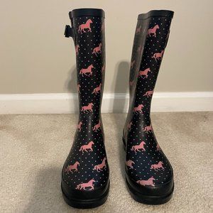 Western Chief Navy Boots w/ Pink Horses & Polka Dots - Sz6